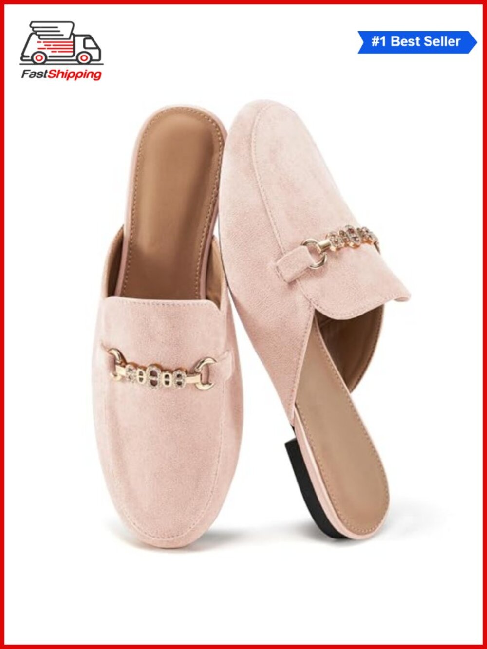 Faux Suede Mules with Crystal Buckle Slip-On Comfort Shoes for Women